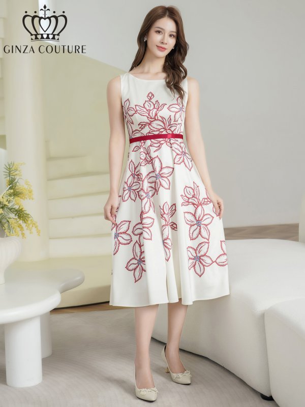 画像2: [送料無料][GINZA COUTURE]ホワイト×レッド・花柄・プリント・ベルト・ノースリーブ・Aライン・フレア・ミディアムドレス・ワンピース[即日発送][大きいサイズあり] (2)
