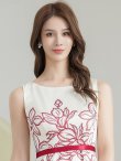 画像4: [送料無料][GINZA COUTURE]ホワイト×レッド・花柄・プリント・ベルト・ノースリーブ・Aライン・フレア・ミディアムドレス・ワンピース[即日発送][大きいサイズあり] (4)