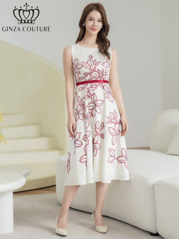 画像5: [送料無料][GINZA COUTURE]ホワイト×レッド・花柄・プリント・ベルト・ノースリーブ・Aライン・フレア・ミディアムドレス・ワンピース[即日発送][大きいサイズあり] (5)