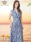 画像2: [送料無料][GINZA COUTURE]ホワイト×ブルー・プリント・柄物・ノースリーブ・カシュクール・Aライン・マキシ丈・ロングドレス[即日発送][大きいサイズあり] (2)