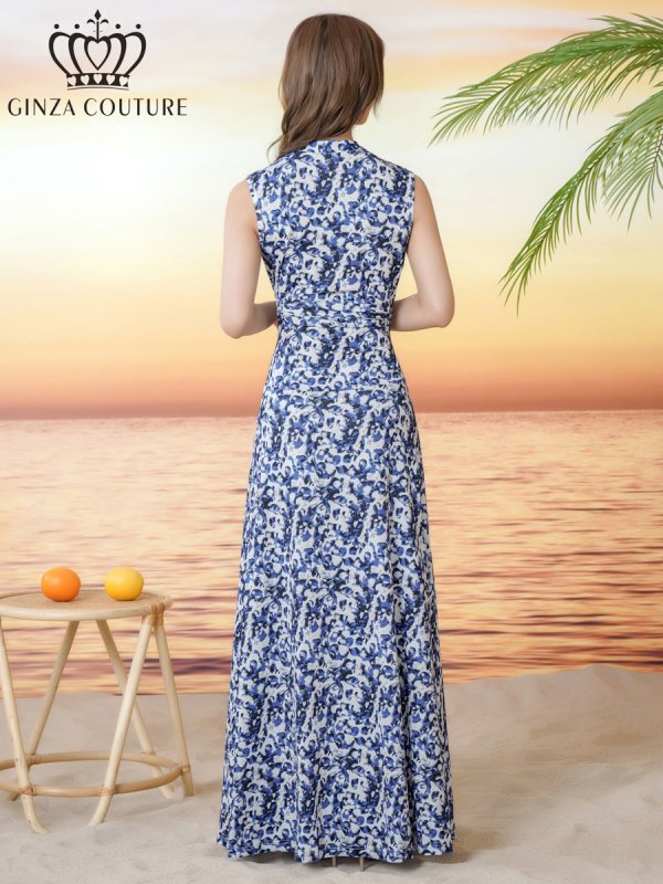 画像3: [送料無料][GINZA COUTURE]ホワイト×ブルー・プリント・柄物・ノースリーブ・カシュクール・Aライン・マキシ丈・ロングドレス[即日発送][大きいサイズあり] (3)