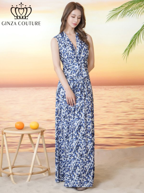 画像5: [送料無料][GINZA COUTURE]ホワイト×ブルー・プリント・柄物・ノースリーブ・カシュクール・Aライン・マキシ丈・ロングドレス[即日発送][大きいサイズあり] (5)