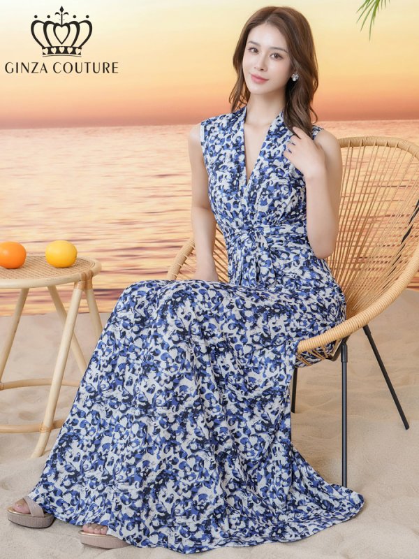 画像6: [送料無料][GINZA COUTURE]ホワイト×ブルー・プリント・柄物・ノースリーブ・カシュクール・Aライン・マキシ丈・ロングドレス[即日発送][大きいサイズあり] (6)