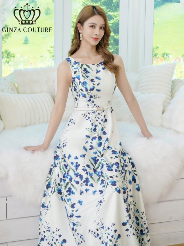 画像1: [送料無料][GINZA COUTURE]ホワイト×ブルー・ベルト・花柄・プリント・ノースリーブ・Aライン・ロングドレス・ワンピース[即日発送][大きいサイズあり] (1)