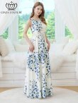 画像2: [送料無料][GINZA COUTURE]ホワイト×ブルー・ベルト・花柄・プリント・ノースリーブ・Aライン・ロングドレス・ワンピース[即日発送][大きいサイズあり] (2)