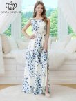画像5: [送料無料][GINZA COUTURE]ホワイト×ブルー・ベルト・花柄・プリント・ノースリーブ・Aライン・ロングドレス・ワンピース[即日発送][大きいサイズあり] (5)