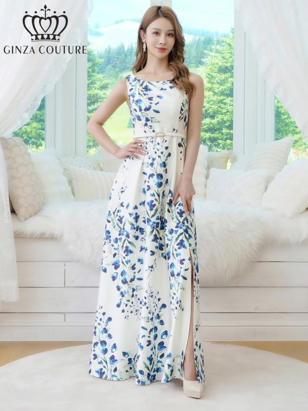 画像5: [送料無料][GINZA COUTURE]ホワイト×ブルー・ベルト・花柄・プリント・ノースリーブ・Aライン・ロングドレス・ワンピース[即日発送][大きいサイズあり] (5)