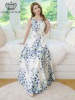 画像6: [送料無料][GINZA COUTURE]ホワイト×ブルー・ベルト・花柄・プリント・ノースリーブ・Aライン・ロングドレス・ワンピース[即日発送][大きいサイズあり] (6)