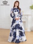 画像1: [送料無料][GINZA COUTURE]ホワイト×ネイビー・シフォン・マーブルプリント・長袖・リボン・ウエストマーク・Aライン・フレア・ロングドレス[即日発送][大きいサイズあり] (1)