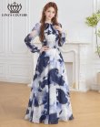 画像2: [送料無料][GINZA COUTURE]ホワイト×ネイビー・シフォン・マーブルプリント・長袖・リボン・ウエストマーク・Aライン・フレア・ロングドレス[即日発送][大きいサイズあり] (2)