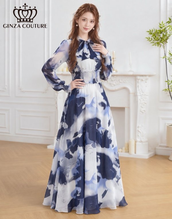 画像2: [送料無料][GINZA COUTURE]ホワイト×ネイビー・シフォン・マーブルプリント・長袖・リボン・ウエストマーク・Aライン・フレア・ロングドレス[即日発送][大きいサイズあり] (2)