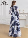 画像3: [送料無料][GINZA COUTURE]ホワイト×ネイビー・シフォン・マーブルプリント・長袖・リボン・ウエストマーク・Aライン・フレア・ロングドレス[即日発送][大きいサイズあり] (3)
