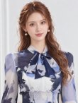 画像4: [送料無料][GINZA COUTURE]ホワイト×ネイビー・シフォン・マーブルプリント・長袖・リボン・ウエストマーク・Aライン・フレア・ロングドレス[即日発送][大きいサイズあり] (4)