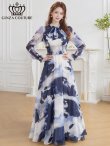 画像5: [送料無料][GINZA COUTURE]ホワイト×ネイビー・シフォン・マーブルプリント・長袖・リボン・ウエストマーク・Aライン・フレア・ロングドレス[即日発送][大きいサイズあり] (5)