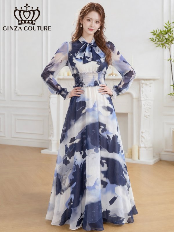 画像5: [送料無料][GINZA COUTURE]ホワイト×ネイビー・シフォン・マーブルプリント・長袖・リボン・ウエストマーク・Aライン・フレア・ロングドレス[即日発送][大きいサイズあり] (5)