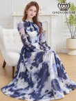 画像6: [送料無料][GINZA COUTURE]ホワイト×ネイビー・シフォン・マーブルプリント・長袖・リボン・ウエストマーク・Aライン・フレア・ロングドレス[即日発送][大きいサイズあり] (6)
