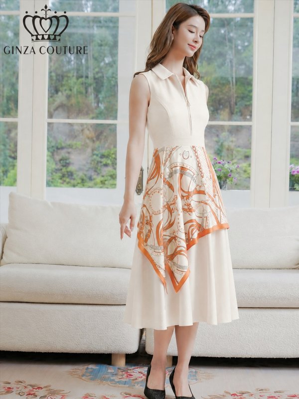 画像2: [送料無料][GINZA COUTURE]ベージュ×オレンジ・チェーン柄・襟付き・スカーフ・ハーフジップ・ノースリーブ・Aライン・フレア・ミディアムドレス・ワンピース[即日発送][大きいサイズあり] (2)