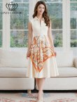 画像6: [送料無料][GINZA COUTURE]ベージュ×オレンジ・チェーン柄・襟付き・スカーフ・ハーフジップ・ノースリーブ・Aライン・フレア・ミディアムドレス・ワンピース[即日発送][大きいサイズあり] (6)