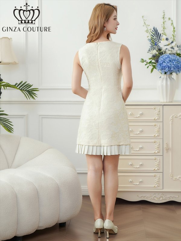 画像3: [送料無料][GINZA COUTURE]サテンジャガード・フロッキープリント・Vネック・ノースリーブ・裾プリーツ・Aライン・ミニドレス・ワンピース[即日発送][大きいサイズあり] (3)