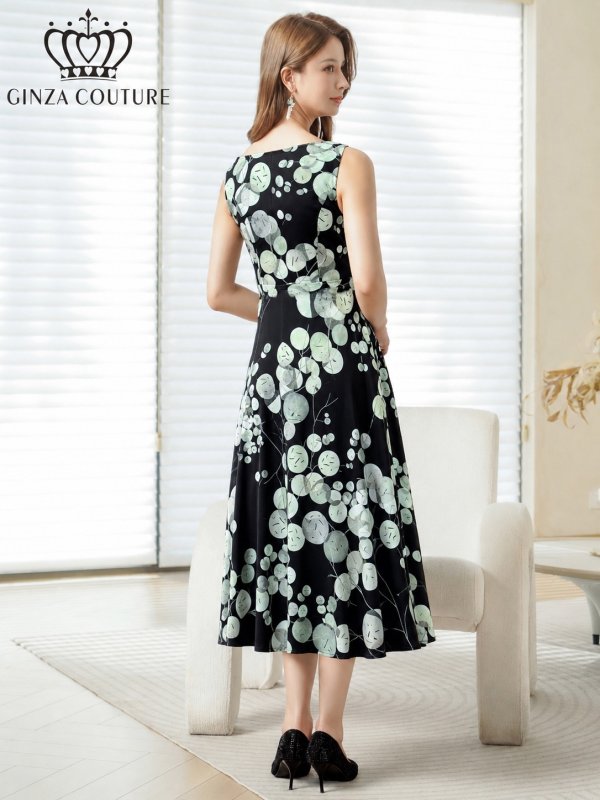 画像3: [送料無料][GINZA COUTURE]ブラック×グリーン・プリント・ボートネック・ノースリーブ・ウエスト切替・フレア・Aライン・ミディアムドレス・ワンピース[即日発送][大きいサイズあり] (3)