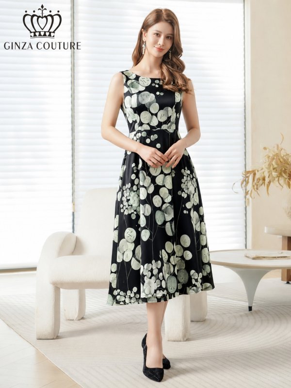 画像5: [送料無料][GINZA COUTURE]ブラック×グリーン・プリント・ボートネック・ノースリーブ・ウエスト切替・フレア・Aライン・ミディアムドレス・ワンピース[即日発送][大きいサイズあり] (5)