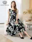 画像6: [送料無料][GINZA COUTURE]ブラック×グリーン・プリント・ボートネック・ノースリーブ・ウエスト切替・フレア・Aライン・ミディアムドレス・ワンピース[即日発送][大きいサイズあり] (6)
