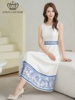 画像6: [送料無料][GINZA COUTURE]ホワイト×ブルー・プリント・切替・Aライン・ノースリーブ・ミディアムドレス・ワンピース[即日発送][大きいサイズあり] (6)