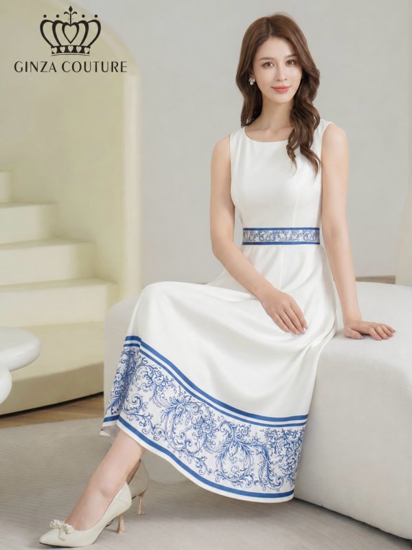 画像6: [送料無料][GINZA COUTURE]ホワイト×ブルー・プリント・切替・Aライン・ノースリーブ・ミディアムドレス・ワンピース[即日発送][大きいサイズあり] (6)