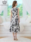 画像3: [送料無料][GINZA COUTURE]ホワイト×ブラック・プリント・シフォン・モノトーン・花柄・胸元ファスナー・ベルト付・ノースリーブ・ライン・ミディアムドレス・ワンピース[即日発送][大きいサイズあり] (3)