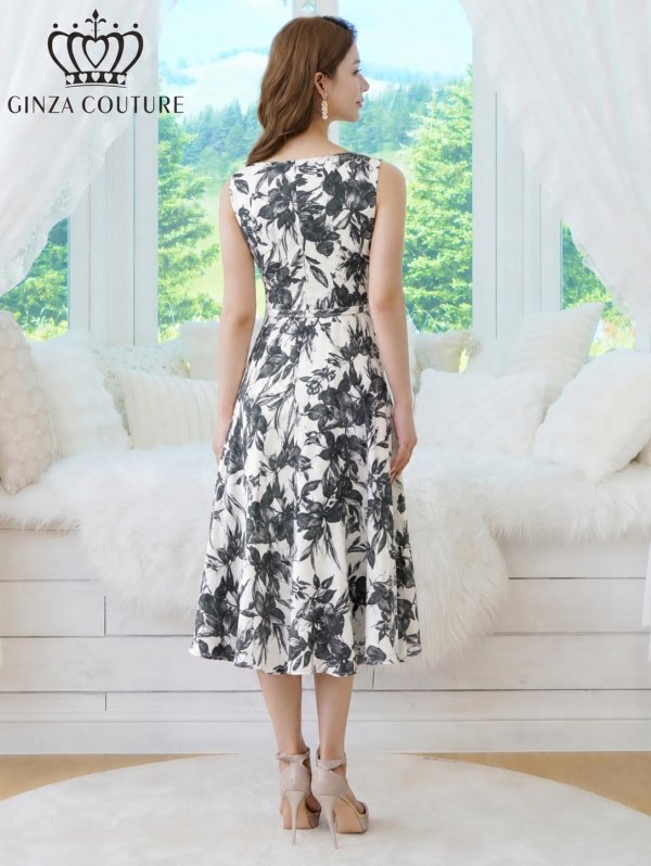 画像3: [送料無料][GINZA COUTURE]ホワイト×ブラック・プリント・シフォン・モノトーン・花柄・胸元ファスナー・ベルト付・ノースリーブ・ライン・ミディアムドレス・ワンピース[即日発送][大きいサイズあり] (3)