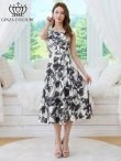 画像5: [送料無料][GINZA COUTURE]ホワイト×ブラック・プリント・シフォン・モノトーン・花柄・胸元ファスナー・ベルト付・ノースリーブ・ライン・ミディアムドレス・ワンピース[即日発送][大きいサイズあり] (5)