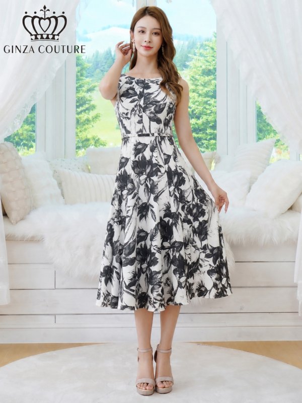 画像5: [送料無料][GINZA COUTURE]ホワイト×ブラック・プリント・シフォン・モノトーン・花柄・胸元ファスナー・ベルト付・ノースリーブ・ライン・ミディアムドレス・ワンピース[即日発送][大きいサイズあり] (5)