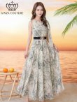 画像8: [送料無料][GINZA COUTURE]グレー・グリーン・総柄・ボタニカルプリント・シフォン・ショルダーリボン・ノースリーブ・マキシ丈・Aライン・フレア・ロングドレス[即日発送][大きいサイズあり] (8)