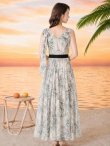 画像9: [送料無料][GINZA COUTURE]グレー・グリーン・総柄・ボタニカルプリント・シフォン・ショルダーリボン・ノースリーブ・マキシ丈・Aライン・フレア・ロングドレス[即日発送][大きいサイズあり] (9)