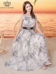 画像1: [送料無料][GINZA COUTURE]グレー・グリーン・総柄・ボタニカルプリント・シフォン・ショルダーリボン・ノースリーブ・マキシ丈・Aライン・フレア・ロングドレス[即日発送][大きいサイズあり] (1)