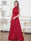 画像2: [送料無料][GINZA COUTURE]レッド×ホワイト・ホワイト×ブラック・ドット・首元フリル・ウエストマーク・マキシ・アメリカンスリーブ・Aライン・ロングドレス[即日発送][大きいサイズあり] (2)