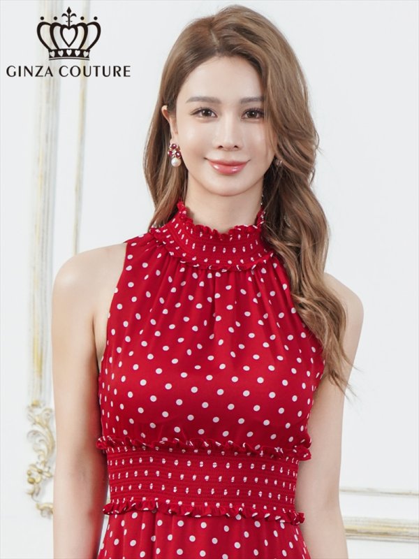 画像4: [送料無料][GINZA COUTURE]レッド×ホワイト・ホワイト×ブラック・ドット・首元フリル・ウエストマーク・マキシ・アメリカンスリーブ・Aライン・ロングドレス[即日発送][大きいサイズあり] (4)