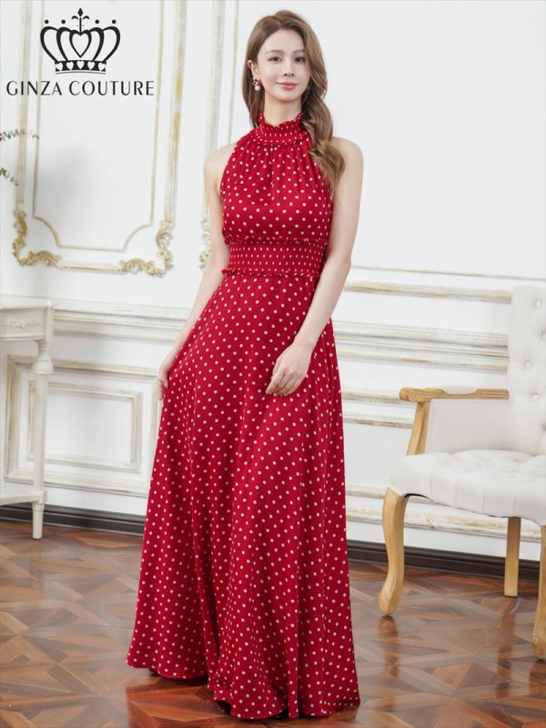 画像5: [送料無料][GINZA COUTURE]レッド×ホワイト・ホワイト×ブラック・ドット・首元フリル・ウエストマーク・マキシ・アメリカンスリーブ・Aライン・ロングドレス[即日発送][大きいサイズあり] (5)