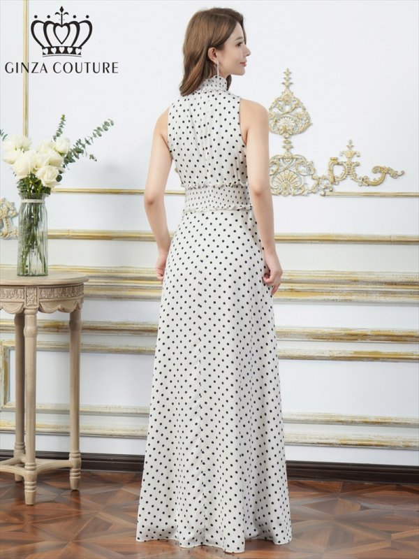画像9: [送料無料][GINZA COUTURE]レッド×ホワイト・ホワイト×ブラック・ドット・首元フリル・ウエストマーク・マキシ・アメリカンスリーブ・Aライン・ロングドレス[即日発送][大きいサイズあり] (9)
