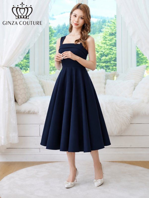 画像1: [送料無料][GINZA COUTURE]ネイビー・グレー・ワインレッド・ホワイト・ワンカラー・シンプル・サテン・ノースリーブ・フレア・Aライン・ミディアムドレス・ワンピース[即日発送][大きいサイズあり] (1)