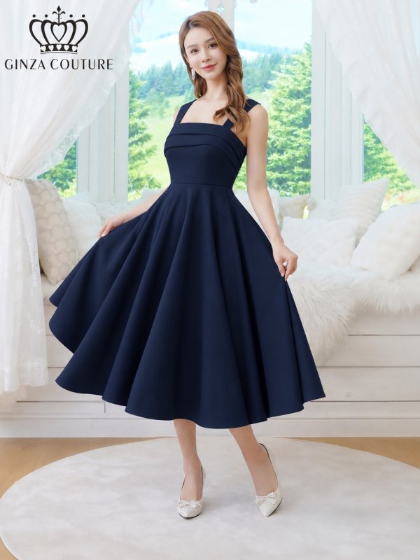 画像5: [送料無料][GINZA COUTURE]ネイビー・グレー・ワインレッド・ホワイト・ワンカラー・シンプル・サテン・ノースリーブ・フレア・Aライン・ミディアムドレス・ワンピース[即日発送][大きいサイズあり] (5)