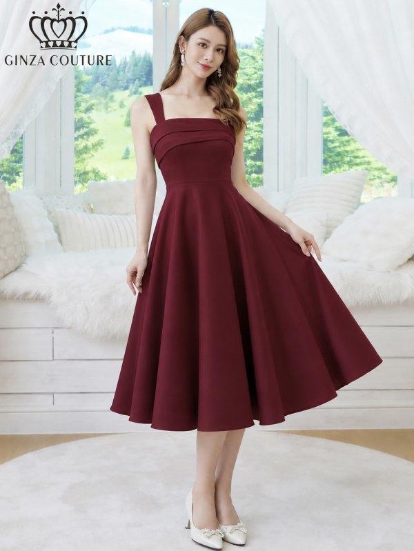 画像7: [送料無料][GINZA COUTURE]ホワイト・ワインレッド・ワンカラー・シンプル・サテン・ノースリーブ・フレア・Aライン・ミディアムドレス・ワンピース[即日発送][大きいサイズあり] (7)