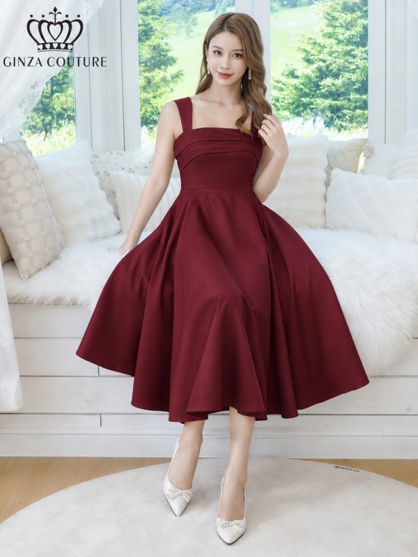 画像12: [送料無料][GINZA COUTURE]ホワイト・ワインレッド・ワンカラー・シンプル・サテン・ノースリーブ・フレア・Aライン・ミディアムドレス・ワンピース[即日発送][大きいサイズあり] (12)