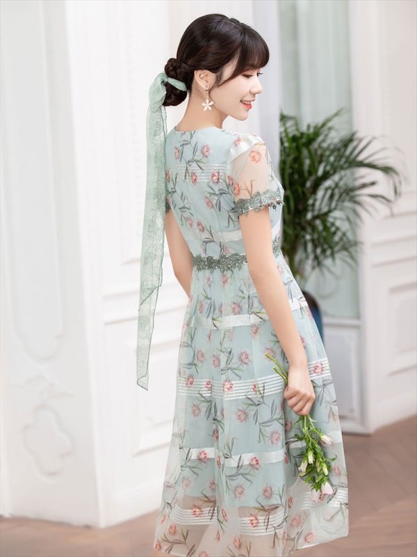 画像3: [送料無料][GINZA COUTURE]グリーン・ピンク・花柄・半袖・チュール・Aライン・ミディアムドレス・ワンピース[即日発送][大きいサイズあり] (3)