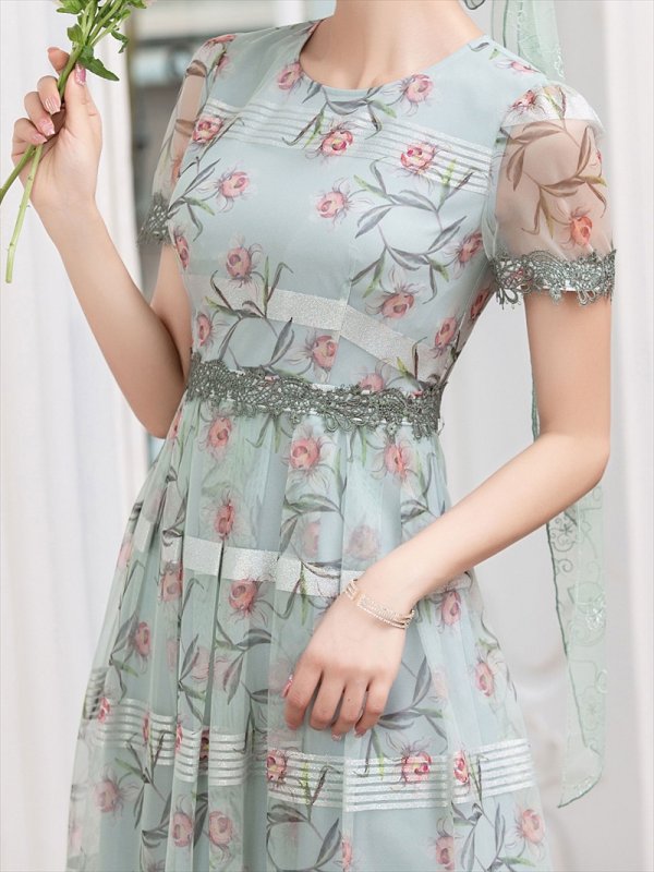 画像4: [送料無料][GINZA COUTURE]グリーン・ピンク・花柄・半袖・チュール・Aライン・ミディアムドレス・ワンピース[即日発送][大きいサイズあり] (4)