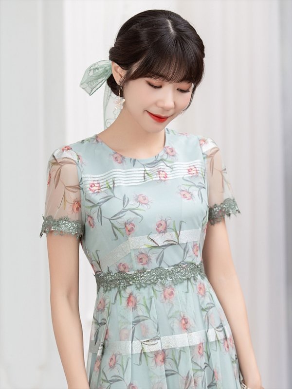 画像5: [送料無料][GINZA COUTURE]グリーン・ピンク・花柄・半袖・チュール・Aライン・ミディアムドレス・ワンピース[即日発送][大きいサイズあり] (5)