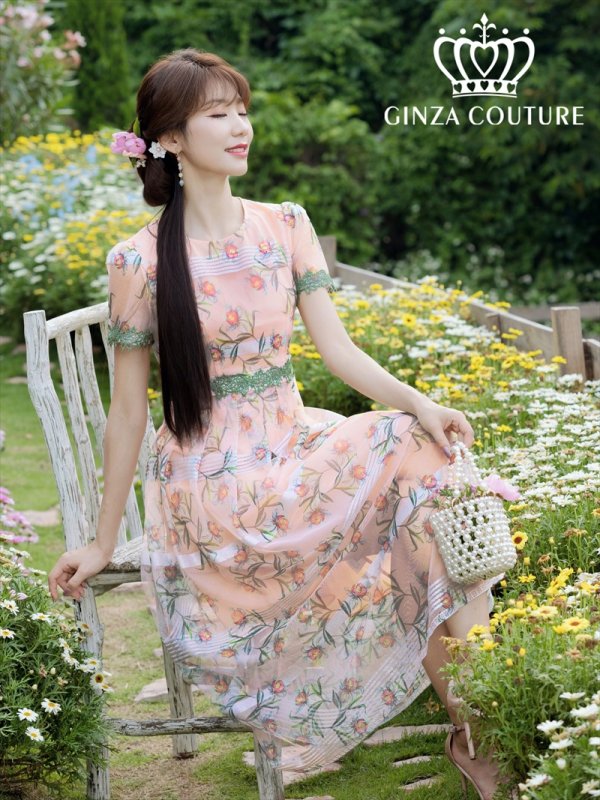 画像1: [送料無料][GINZA COUTURE]ピンク・グリーン・花柄・半袖・チュール・Aライン・ミディアムドレス・ワンピース[即日発送][大きいサイズあり] (1)