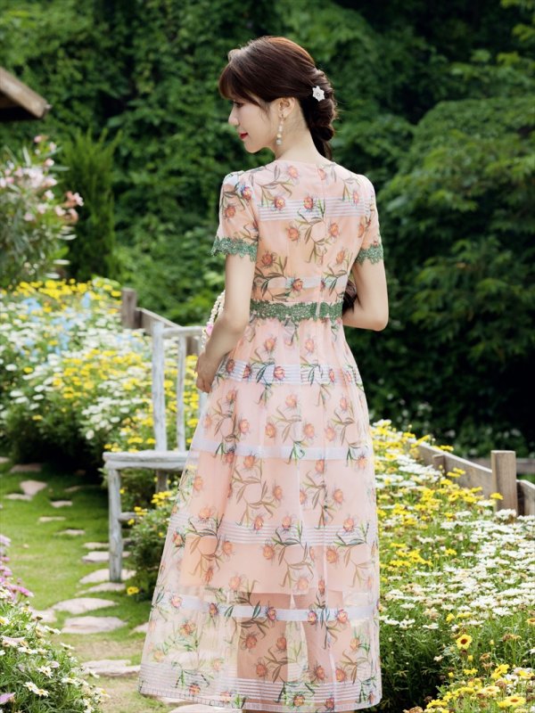 画像9: [送料無料][GINZA COUTURE]グリーン・ピンク・花柄・半袖・チュール・Aライン・ミディアムドレス・ワンピース[即日発送][大きいサイズあり] (9)