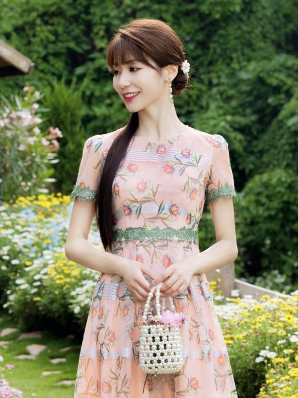 画像11: [送料無料][GINZA COUTURE]グリーン・ピンク・花柄・半袖・チュール・Aライン・ミディアムドレス・ワンピース[即日発送][大きいサイズあり] (11)