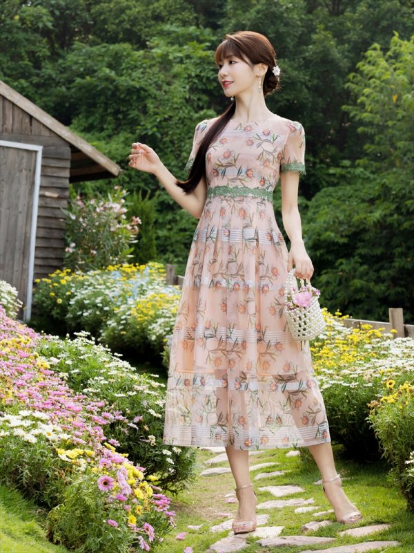 画像12: [送料無料][GINZA COUTURE]グリーン・ピンク・花柄・半袖・チュール・Aライン・ミディアムドレス・ワンピース[即日発送][大きいサイズあり] (12)